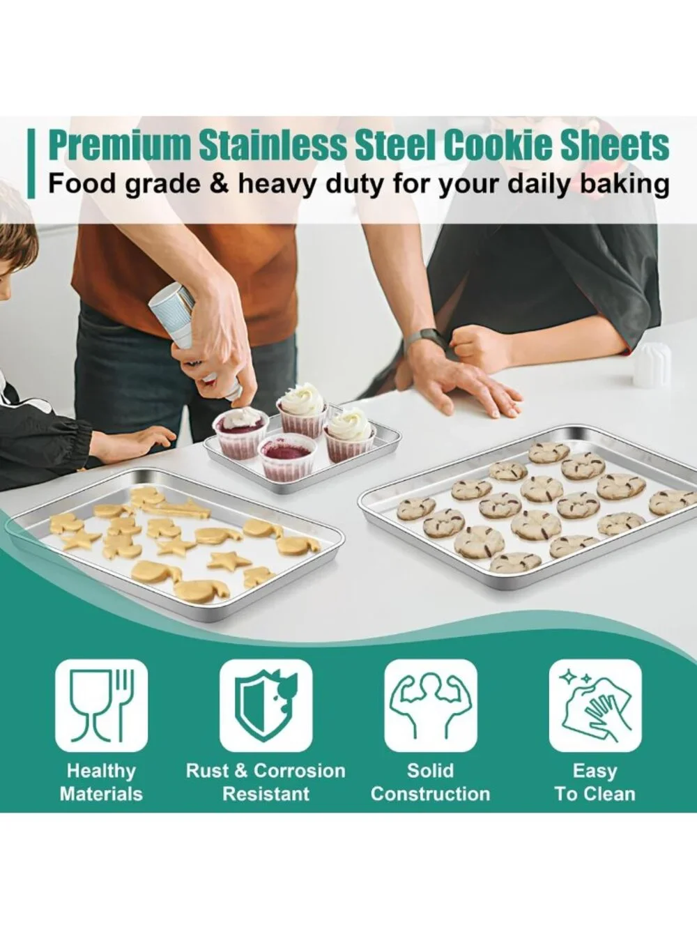 Stainless Steel Baking Sheet Set of 3 - Non-Toxic Cookie Sheets, Oven Trays